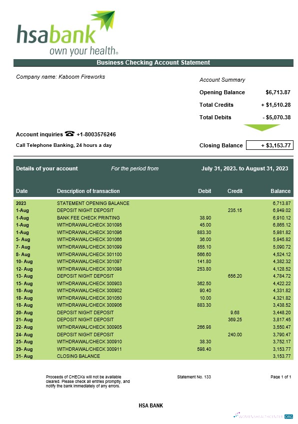 Download HSA Bank enterprise account statement Word and PDF template Photoshop template